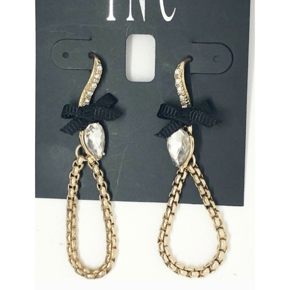 INC Crystal Black Bow Gold Open Drop Earrings Fashion Jewelry MSRP $24.50 NEW - Picture 2 of 3